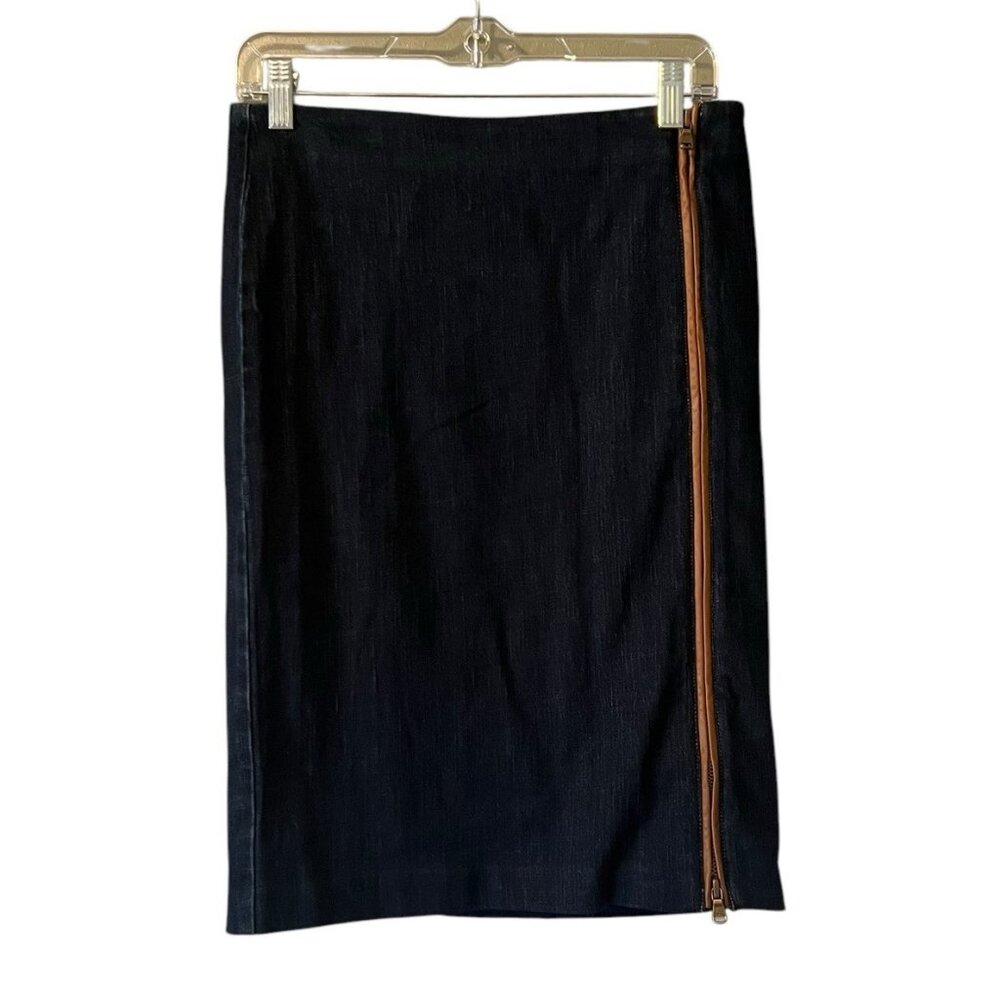 LRL Ralph Lauren Jean Skirt Women Size 4 Leather Trim Full Zip Knee Length